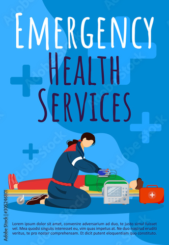 Emergency health service brochure template. Paraedic, emt. Flyer, booklet, leaflet with flat illustration. Vector page cartoon layout for magazine. First aid, urgency care advertising printable poster