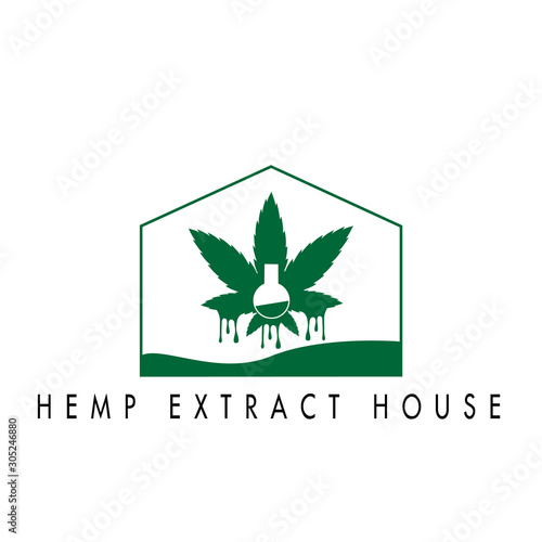 logo of extract  house with hemp leaves and laboratory glass design