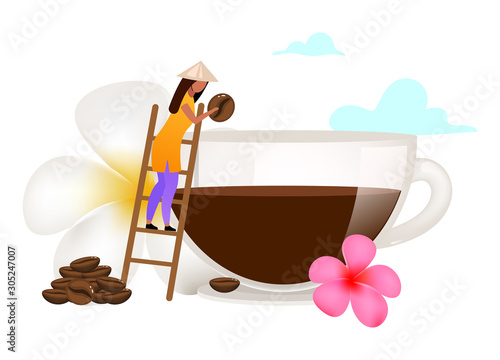 Small family coffee business flat vector illustration. Small-scale coffee production. Smallhoder. Plumeria flower. Indonesia. Isolated cartoon concept on white background