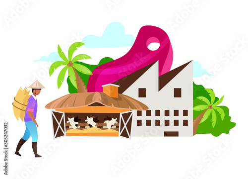 Food industry flat vector illustration. Farming, agriculture. Dairy farm. Household. Growing livestock, cattle. Indonesian business. Isolated cartoon concept on white background