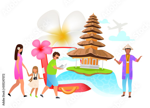 Tourism flat vector illustration. Family trip. Bali sightseeing. Temple. Guide. Indonesia, exotic country. Plumeria flower. Isolated cartoon concept on white background