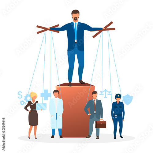 Authoritarian regime flat vector illustration. Political system metaphor. Form of government. Manipulating and controlling institutions, economics. Centralized power cartoon characters