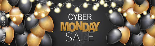 Cyber Monday Sale header or banner design template. Big discount advertising promo concept with balloons, glowing lights garland and typography text. Website or magazine decoration.