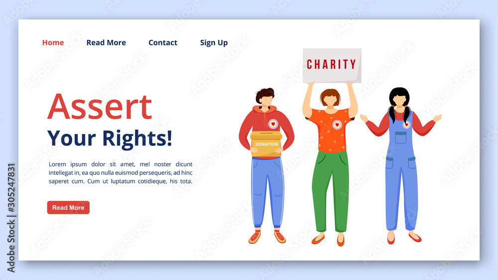 Assert your rights landing page vector template. Charity website interface idea with flat illustrations. Fundraising campaign homepage layout. Social activism web banner, webpage cartoon concept Assert your rights landing page vector template. Charity website interface idea with flat illustrations. Fundraising campaign homepage layout. Social activism web banner, webpage cartoon concept
