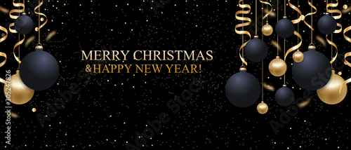 Christmas black shiny background with Christmas balls and golden ribbons. Elegant Xmas banner or poster. Happy New Year decoration. Copy Space. Vector