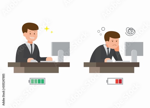 office worker fresh and tired with energy bar in flat illustration editable vector