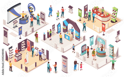 People at expo or business exhibition, vector isometric icons. Technology and business exhibition with product display exposition stands, company consultants, info desks, promotion banners and