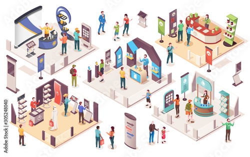 People at expo or business exhibition  vector isometric icons. Technology and business exhibition with product display exposition stands  company consultants  info desks  promotion banners and