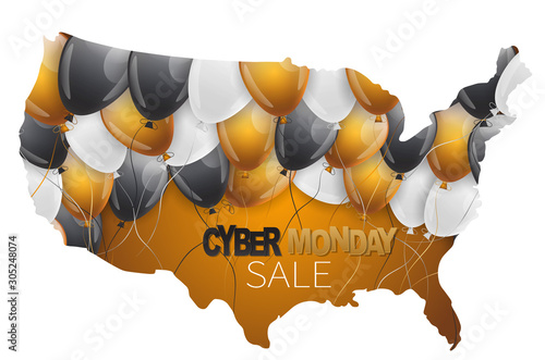 Cyber Monday Sale graphics for advertisement. USA mainland shape with shiny ballons and typography text. America big sale design concept. Vector illustration.