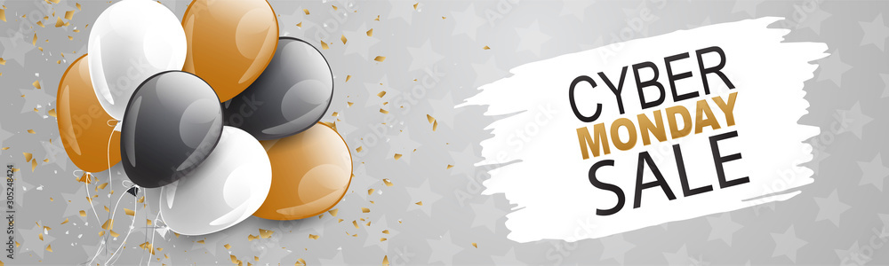 Cyber Monday sale banner. Website or newsletter header. Special offer discount. Silver background with balloons. Vector illustration.