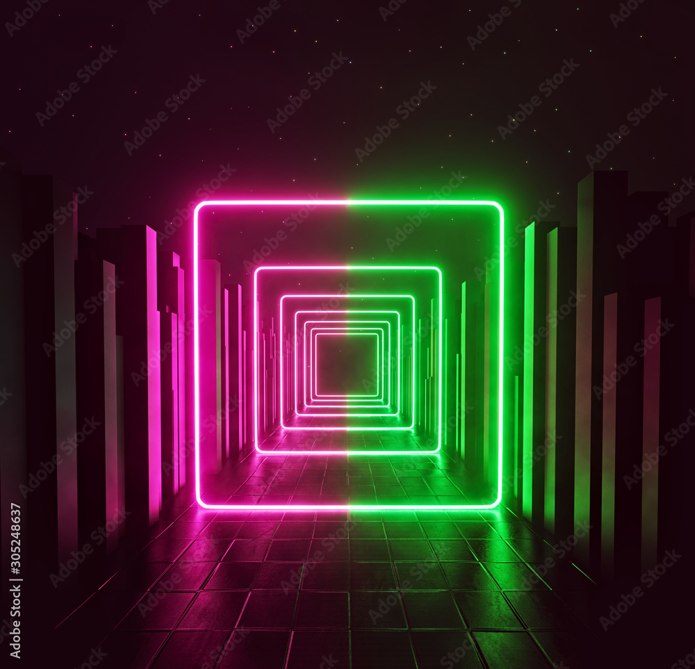 Sci Fi Futuristic night. bright Glowing pink and green neon lights ...