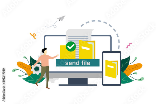 File transfer, documents transferred between computer and phone, copy files, backup, file sharing concept vector flat illustration template, suitable for background, landing page