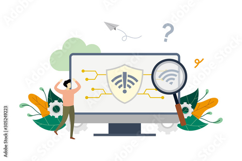 No connection, no internet, search wireless network signal on computer concept vector flat illustration template, suitable for background, landing page, advertising illustration