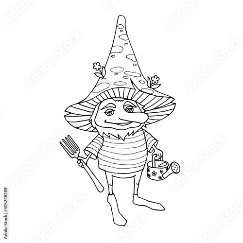 little gnome man with watering can and fork, gardener, fly agaric on his head, vector black and white
