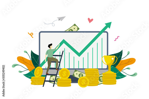 Business profit growth to success, profitable investment, profit increase, economic or market growth, finance rising up concept vector flat illustration template