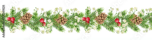 Watercolor Christmas seamless pattern. Hand painted rim with green fir branches, cones, red berries, small white flowers