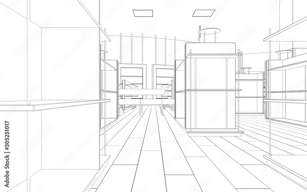 shopping mall, contour visualization, 3D illustration, sketch, outline shopping mall, contour visualization, 3D illustration, sketch, outline