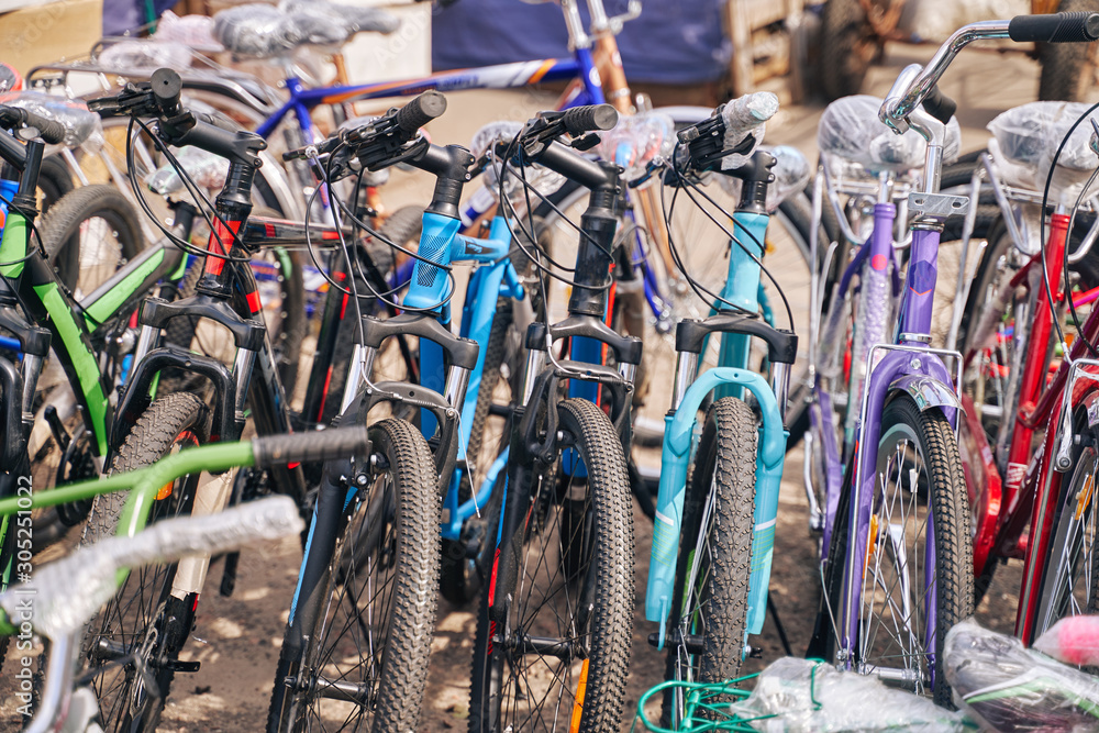 Obraz premium sale of new bicycles. bicycles in the factory packaging.