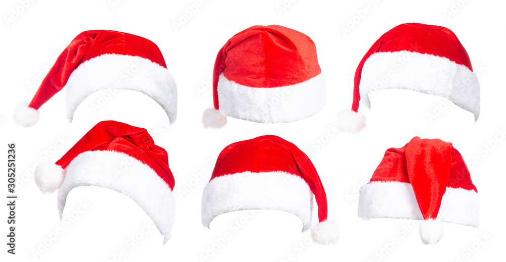 Set of red Santa Claus hats on white background isolation Set of red Santa Claus hats on white background isolation