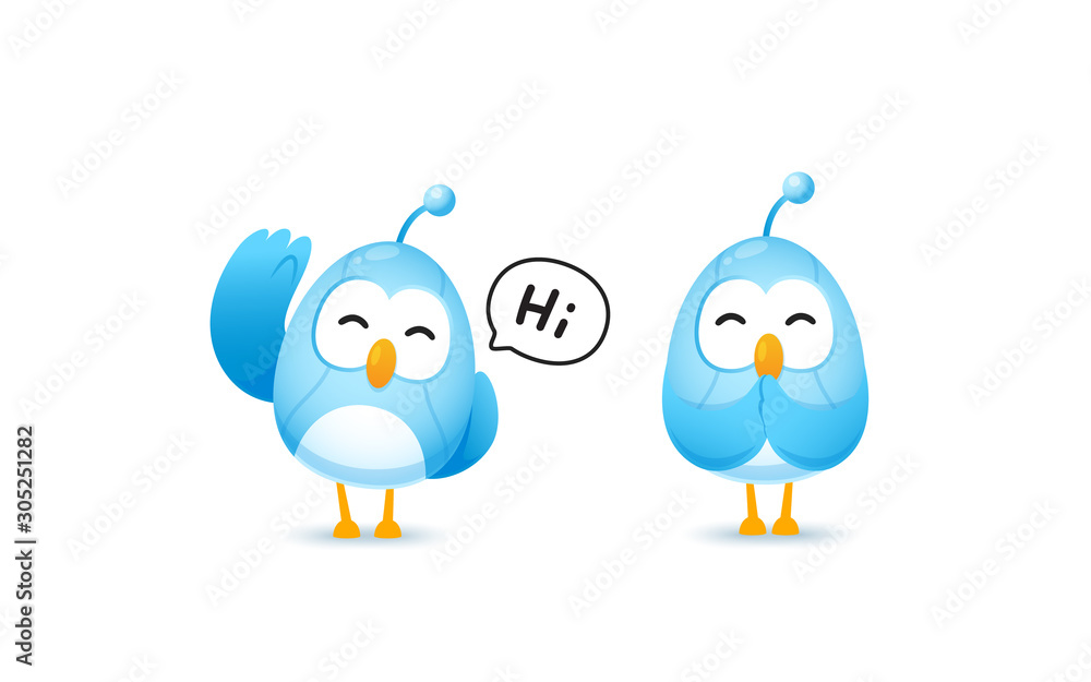 Obraz premium Set of cute bird robot character in greeting and pay resperct pose