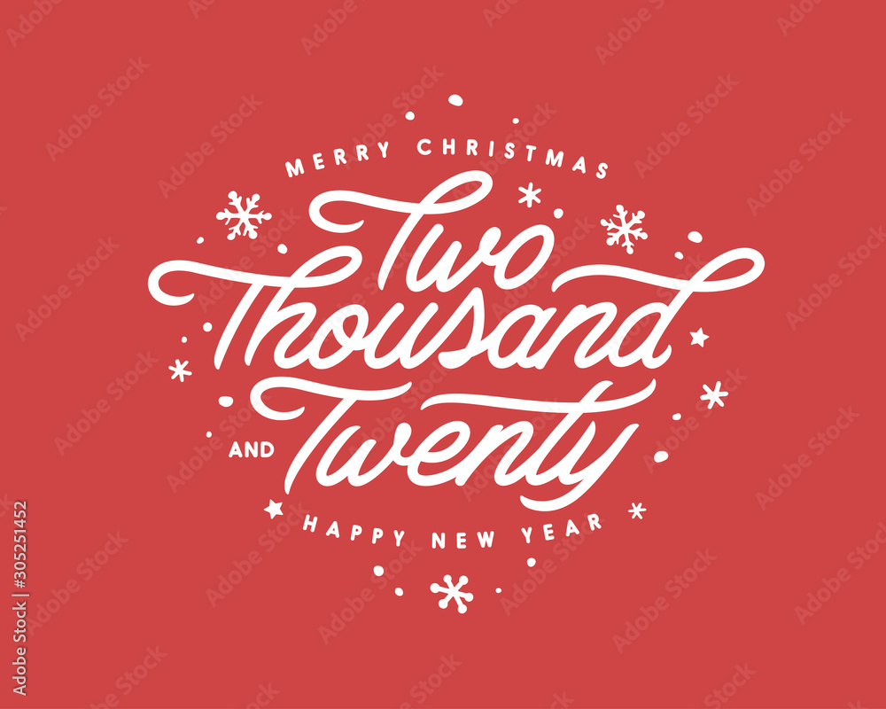 Fototapeta premium Merry Christmas and Happy New Year lettering template. Two thousand twenty. Vector vintage illustration.
