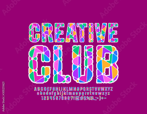 Vector colorful logo Creative CLub. Bright mosaic Font. Artistic Alphabet Letters and Numbers