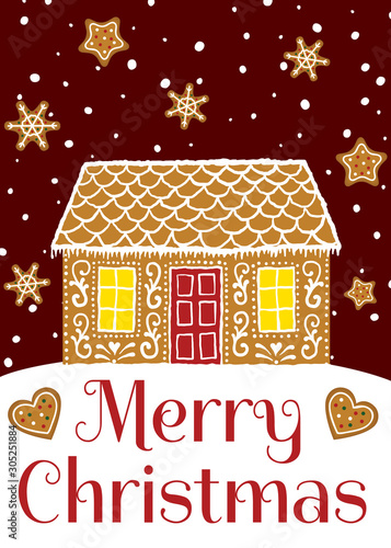 Merry Christmas greeting card with gingerbread house