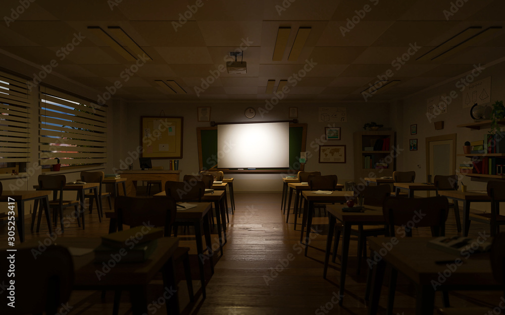 Empty school classroom in cartoon style. Education concept without students. 3d rendering interior illustration. Back to school design template.