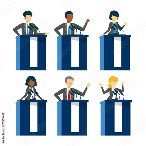 Candidate for president standing in the suit at tribune