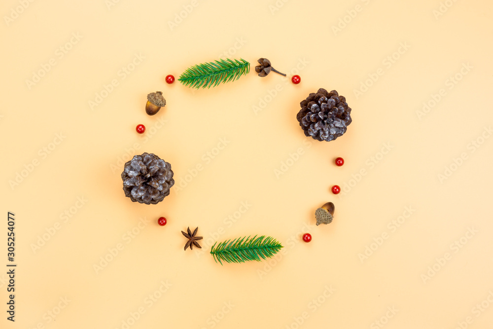 Christmas holidays composition, top view of red and gold Christmas decorations on yellow background with copy space for text. Flat lay, winter, postcard template, new year concept. Christmas holidays composition, top view of red and gold Christmas decorations on yellow background with copy space for text. Flat lay, winter, postcard template, new year concept.