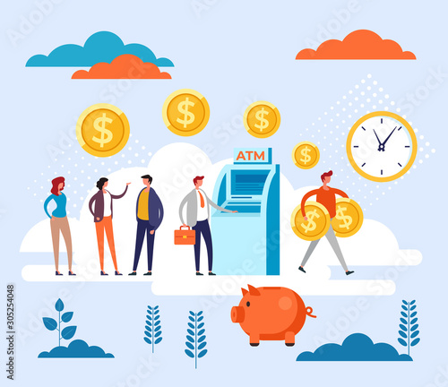 People waiting in line ATM transaction. Banking queue concept. Vector flat cartoon graphic design illustration