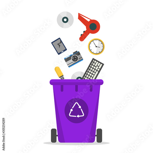 E-waste falling in the trash bin vector isolated. Recycling