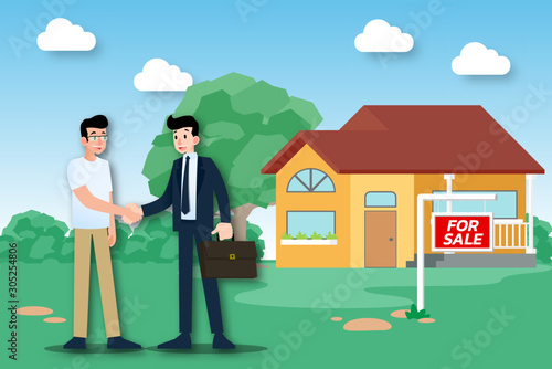 The realtor shows and presenting the new beautiful modern house for sale to client and make deal successful. Vector illustration in flat design.