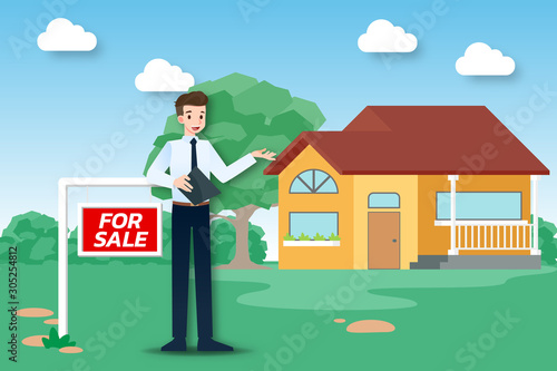 The realtor shows and presenting the new beautiful modern house for sale to client. Vector illustration in flat design.