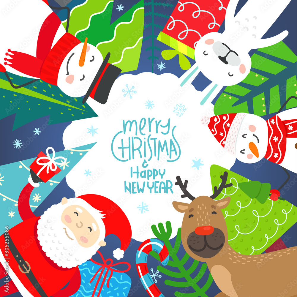 Fototapeta premium Winter holidays greeting card with cute characters