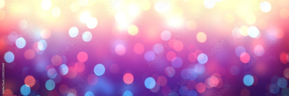Bokeh purple banner. Empty background glitter. Abstract texture confetti. Blurred illustration garland lights. Defocused festive pattern.