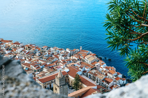 Aerial view of Cefalù city on Sicily island in Italy photo