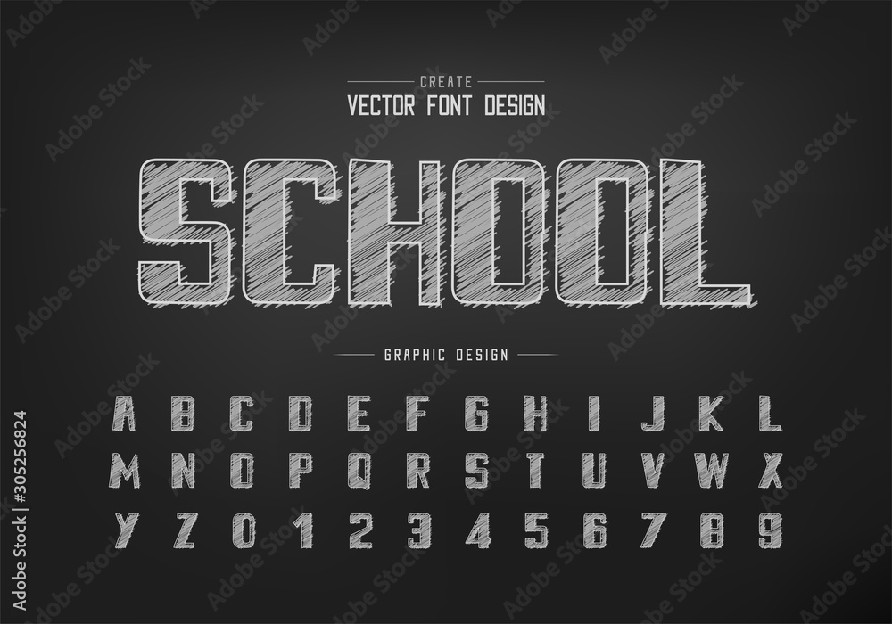 Chalk bold font and alphabet vector, Hand draw typeface and number design