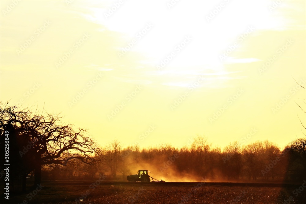 Fototapeta premium Taktor im Sonnenuntergang