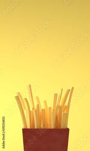 3D render image of french fires on vertical photo