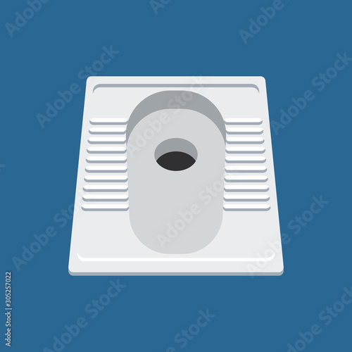 Squat toilet bowl or Asian style floor level toilet isolated on blue background. Vector illustration