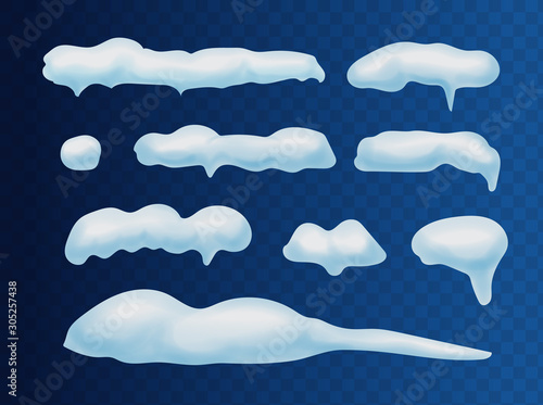 Snow caps, snowballs and snowdrifts realistic set. Snowy frames winter New year decoration elements