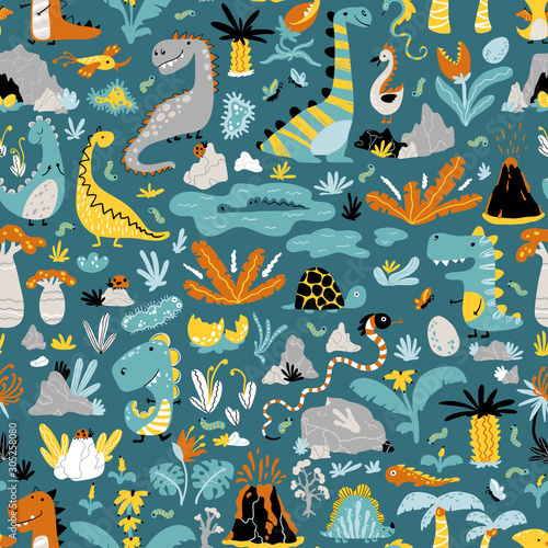 Cute seamless pattern with a variety of dinosaurs, birds, snakes, insects in the jungle, tropics, volcanoes, palm trees, clouds, eggs. Baby vector illustration in scandinavian style