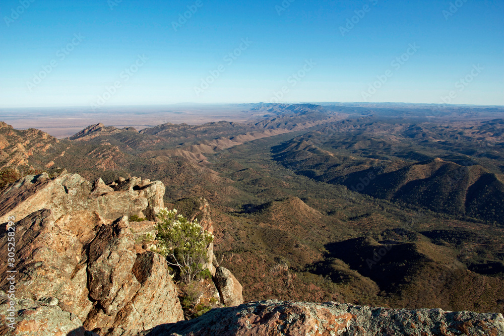 Twisted and folded ancient rocks of the Flinders Ranges, South Australia, viewed from the top of St Mary’s Peak on a sunny spring morning