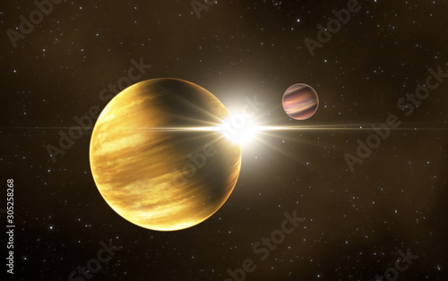 Extrasolar gas giant planet with extrasolar gas moon, exomoon in deep space photo