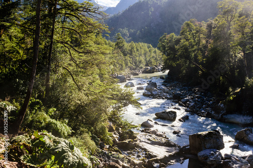 Stunning view of Michinmahuida river in the forest in Pumalin Park, Chaiten, Patagonia, Chile