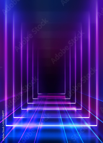 Empty dark abstract background. Background of an empty show scene. Glow of neon lights on an empty stage. photo