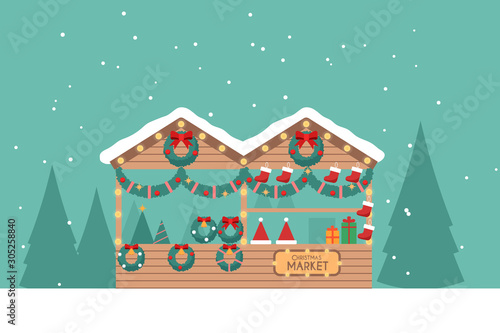 Christmas market greeting card with candy shop on teal background