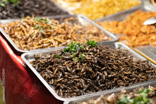 Assorted fried insects Street food of Thailand.