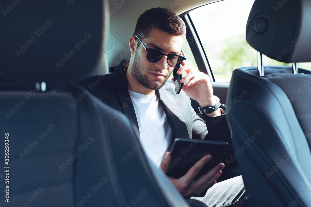 Businessman Talking Using Phone Car Inside Businessman Talking Using Phone Car Inside